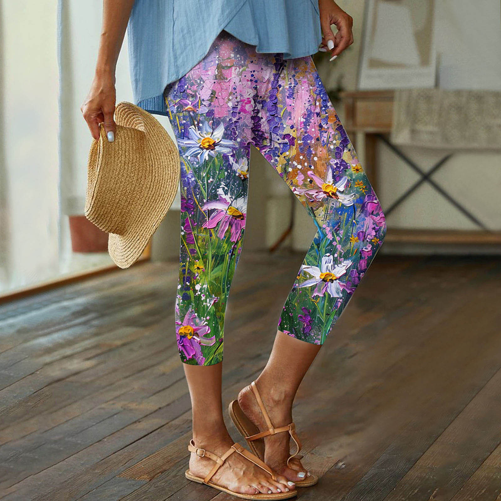 Boho Capri Leggings for Women Floral Print Workout Pants High Waisted Stretch Yoga Pants Soft Comfy Cropped Workout Jeggings Summer Beach Lounge Tights
